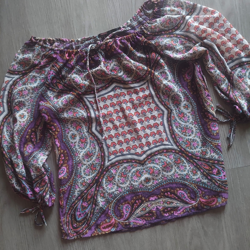 Bohemian Paisley Off-Shoulder Blouse in Purple and Pink
